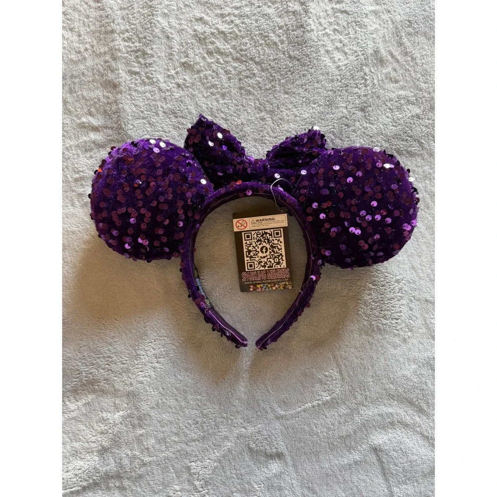 Sparkling Members Purple Sequin Mouse Ears Headband Bow Handmade - F314